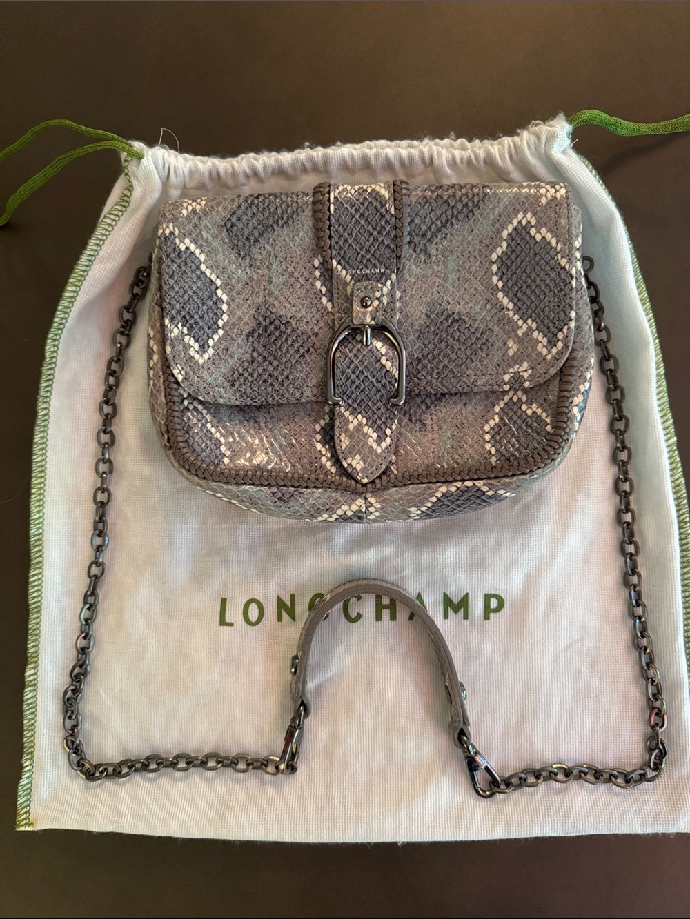 Longchamp Gray Snake-Print Leather Crossbody with Chain Strap
